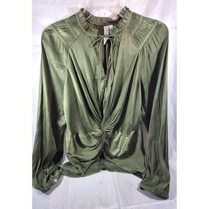 Grace + Karma Long Sleeve Twist Knot Front Hi-Low Satin Blouse - Olive - Small